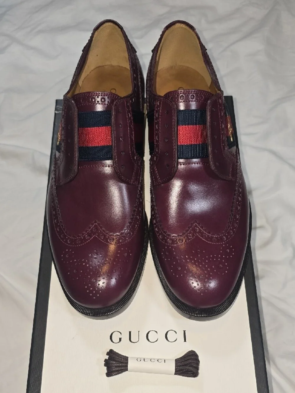 Gucci Calfskin Web Bee Slip-On Brogue Wingtip Oxfords
